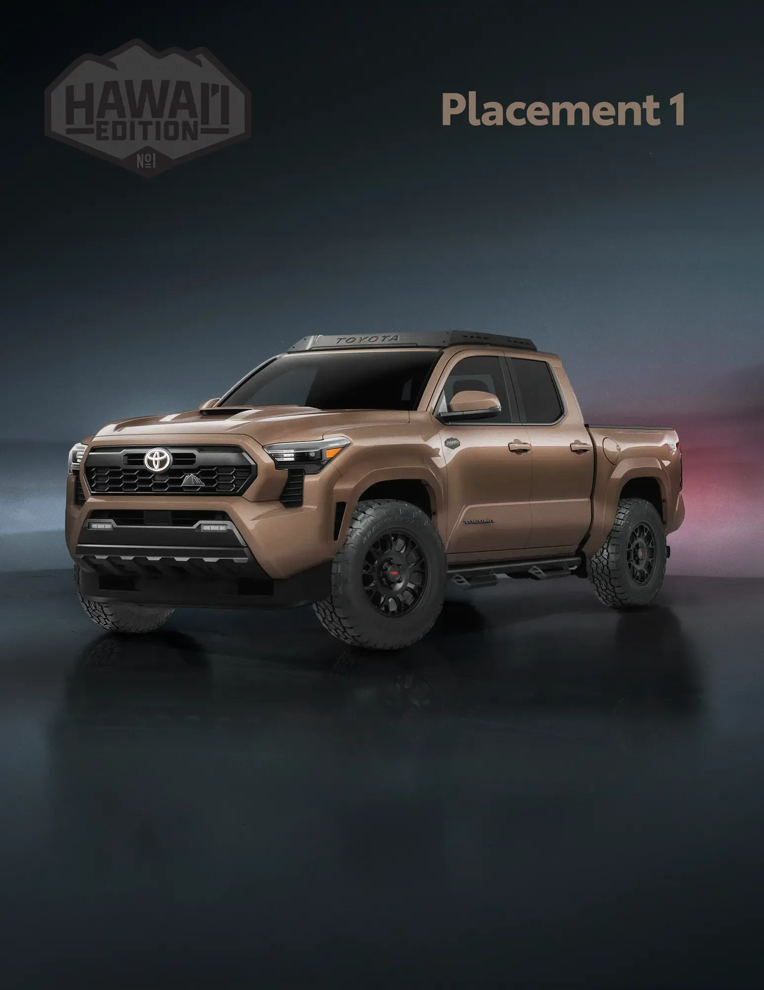 Three-quarter view concept mockup of the Hawaiʻi Edition Tacoma, badging and wheels in place.