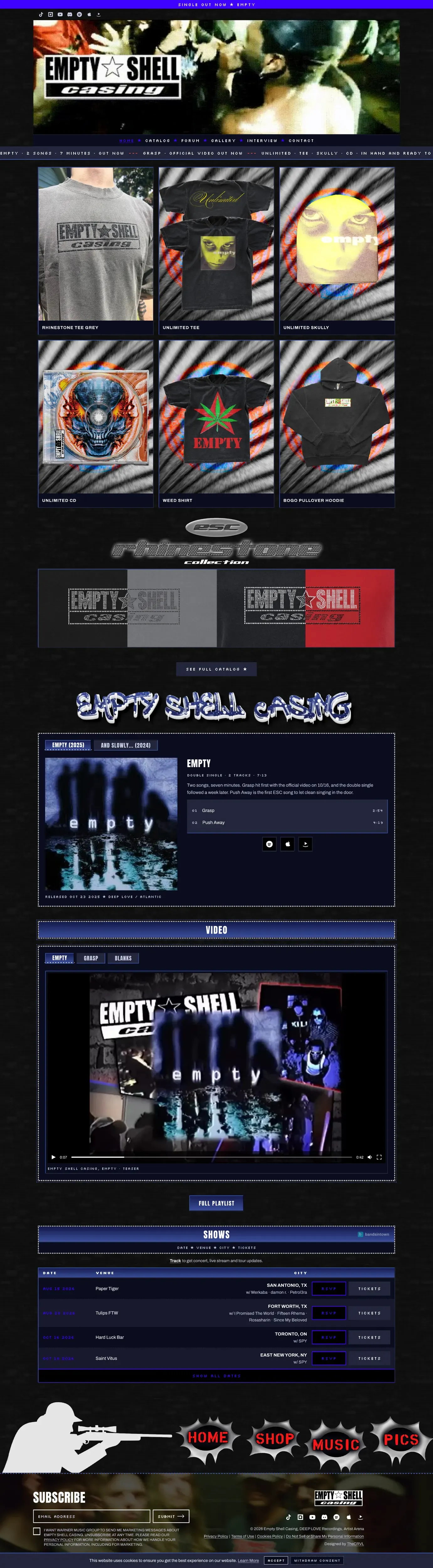 A page from the Empty Shell Casing design handoff: black and white over a tiled brick texture with a hard blue accent. (page 1)