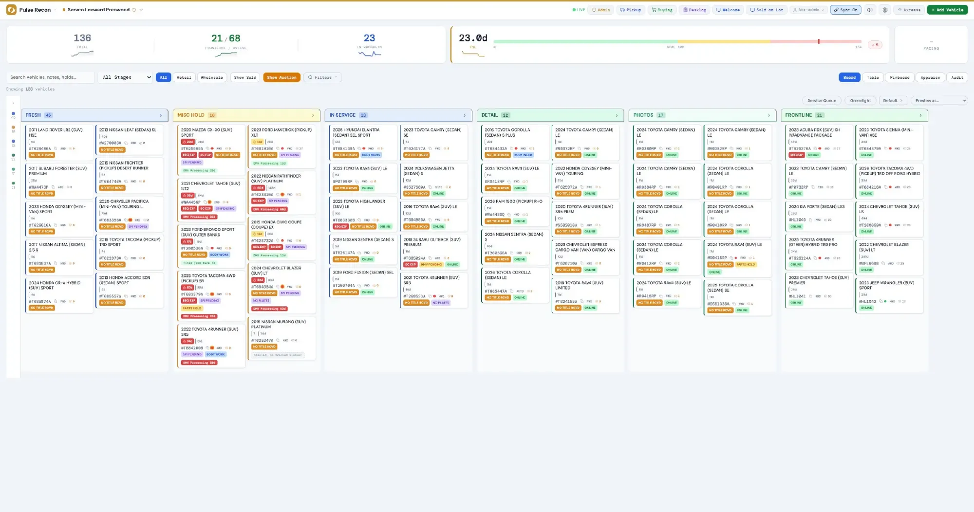 The Pulse Recon board, tracking every preowned vehicle from trade-in to front line.