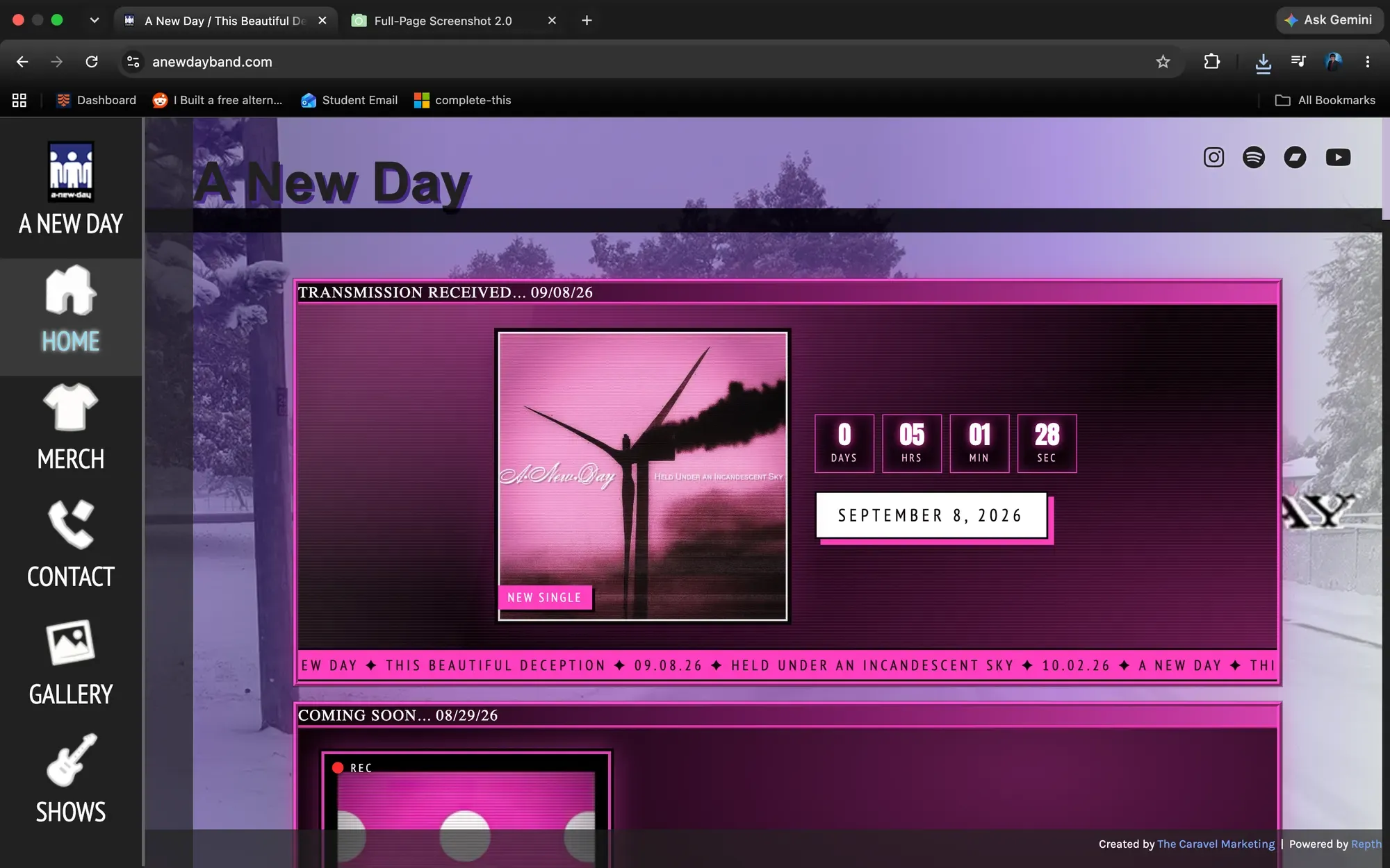 The A New Day home page: a transmission-received panel carrying the single's artwork and a live countdown to release day.