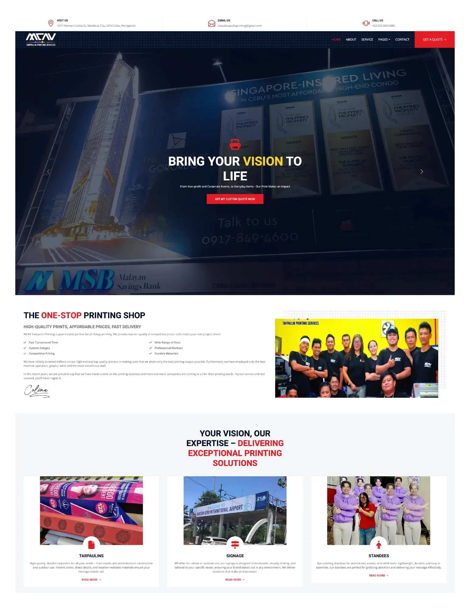 The MCAV Tarpaulin Printing home page, leading with services, hours and the Mandaue City address. (page 1)