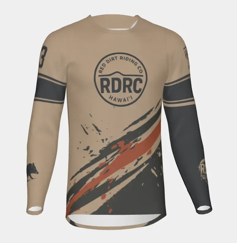Race jersey 113, mockup B: red dirt colourway with the Red Dirt Riding Co. wordmark across the chest.