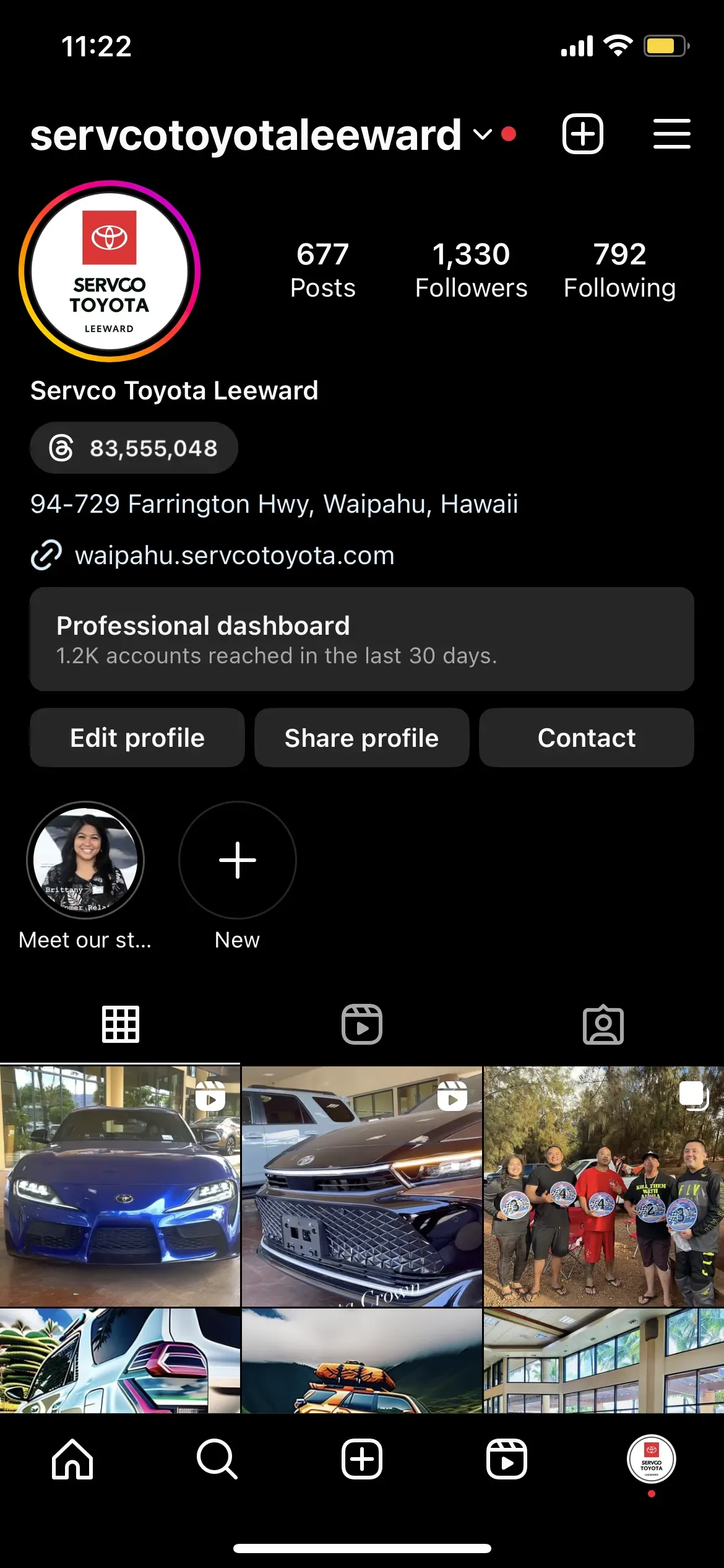 The Servco Toyota Leeward Instagram profile in September 2023: 1,330 followers, 677 posts.