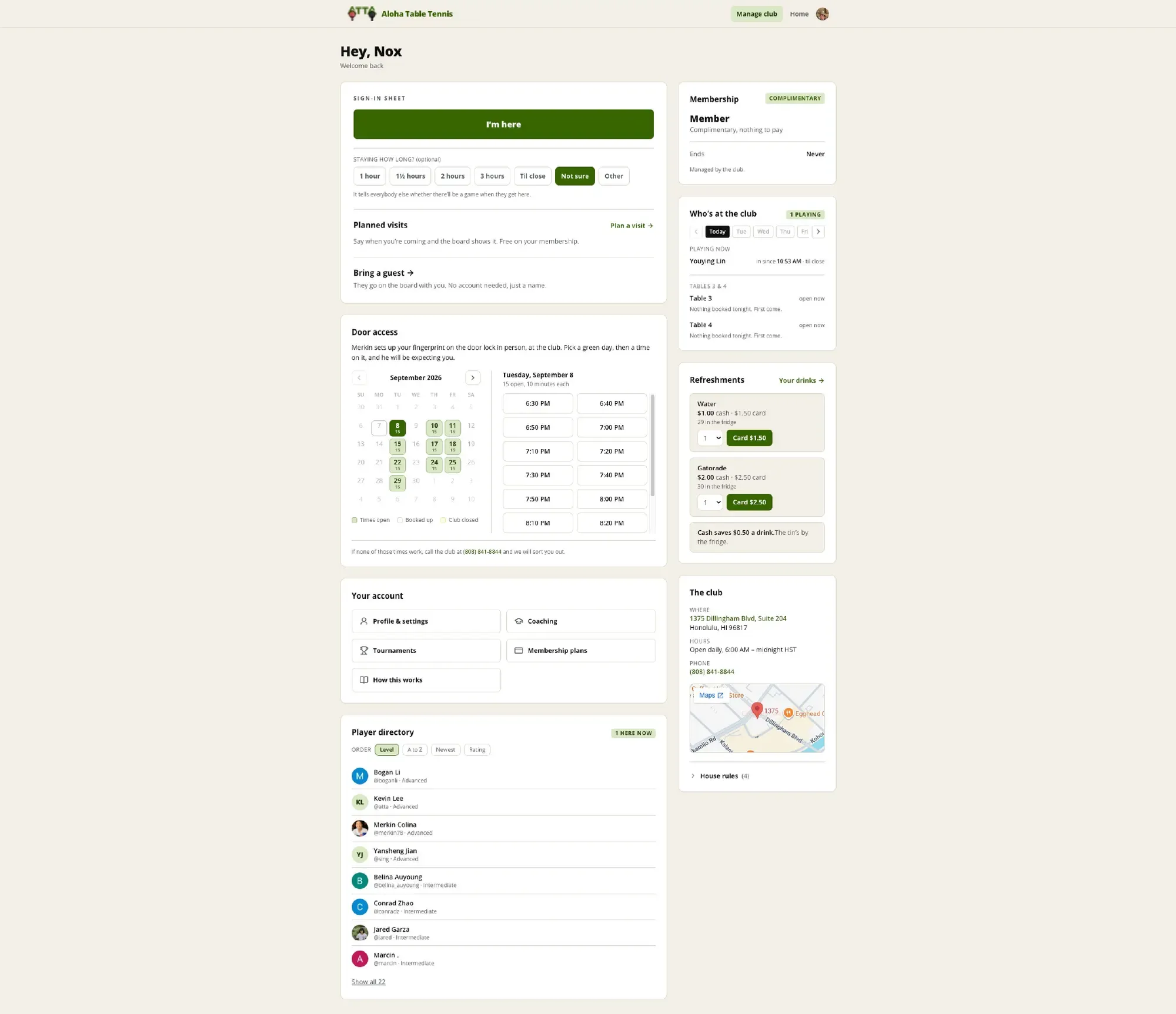 The member dashboard, where members buy playtime, pay for membership and request door access.