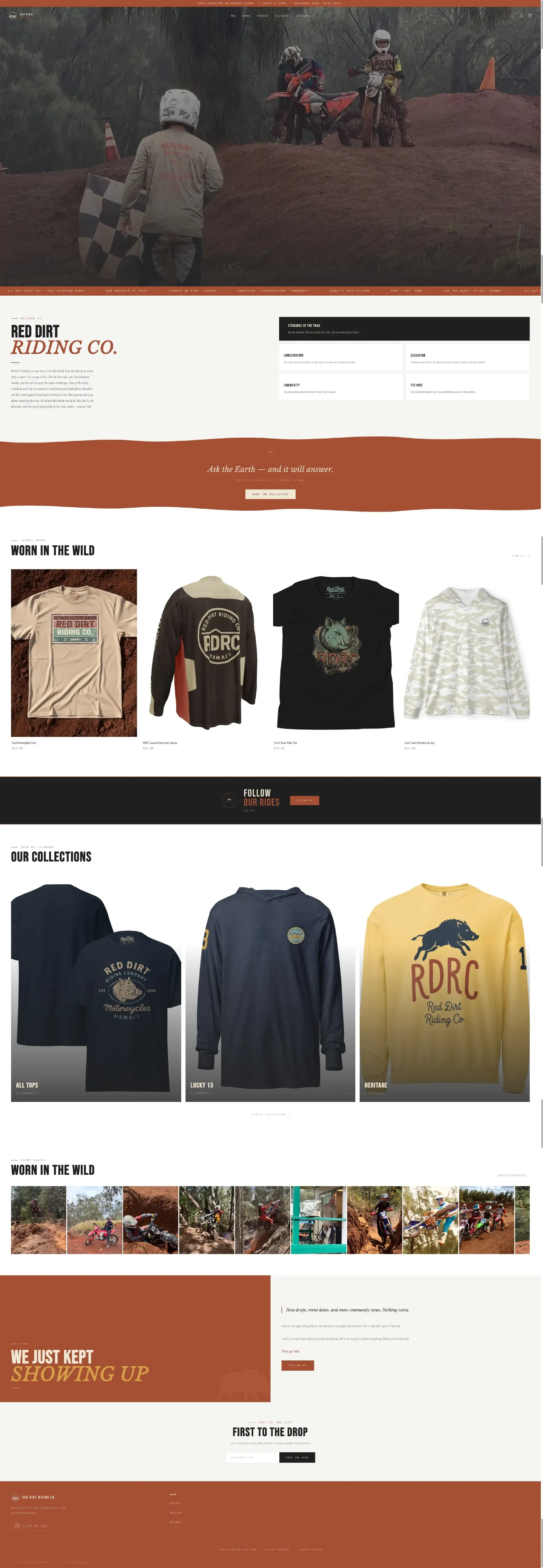 The merchandise page at reddirtridingco.com, showing the full product catalogue.