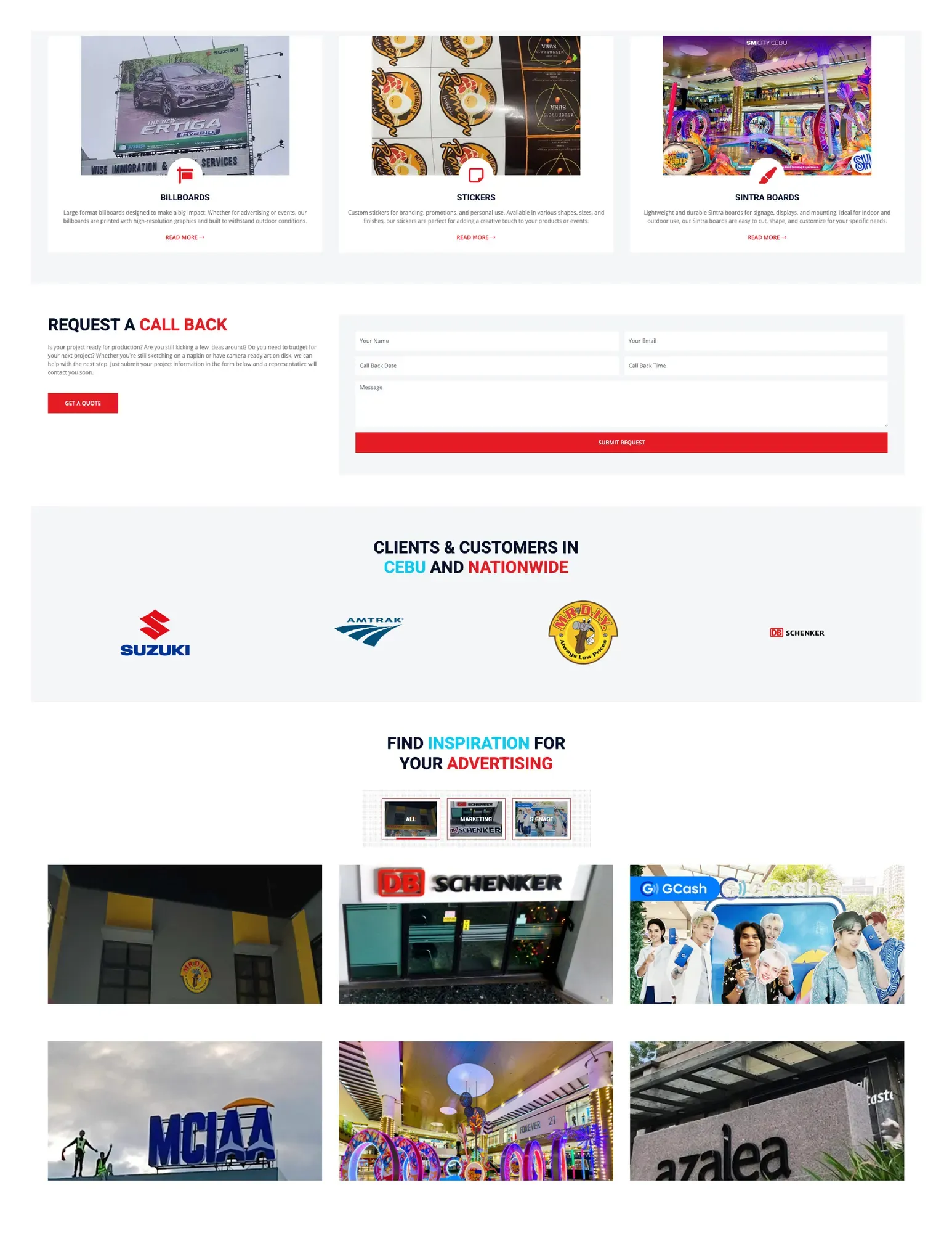 The MCAV Tarpaulin Printing home page, leading with services, hours and the Mandaue City address. (page 2)