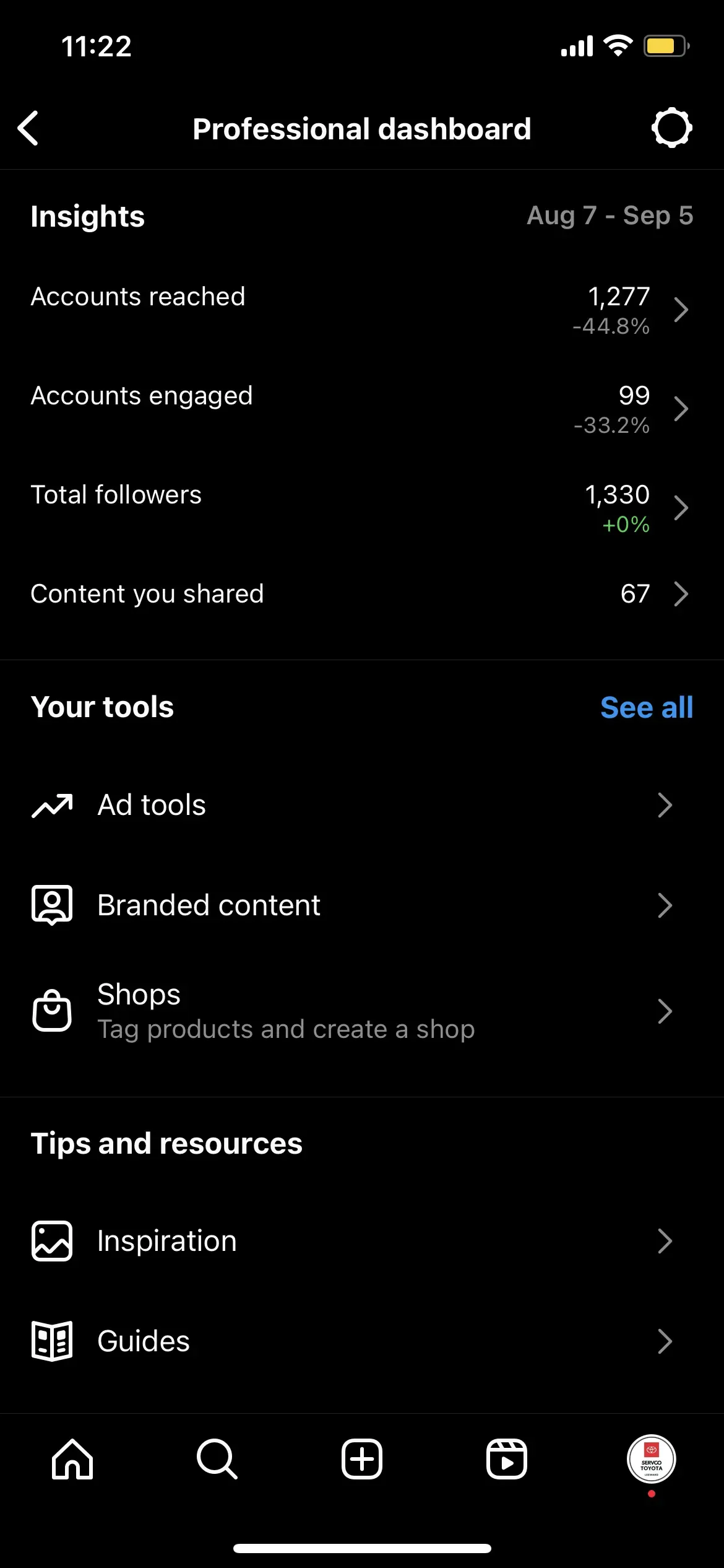 Instagram insights for August 2023: 1,277 accounts reached, reach down 44.8% and engagement down 33.2%.