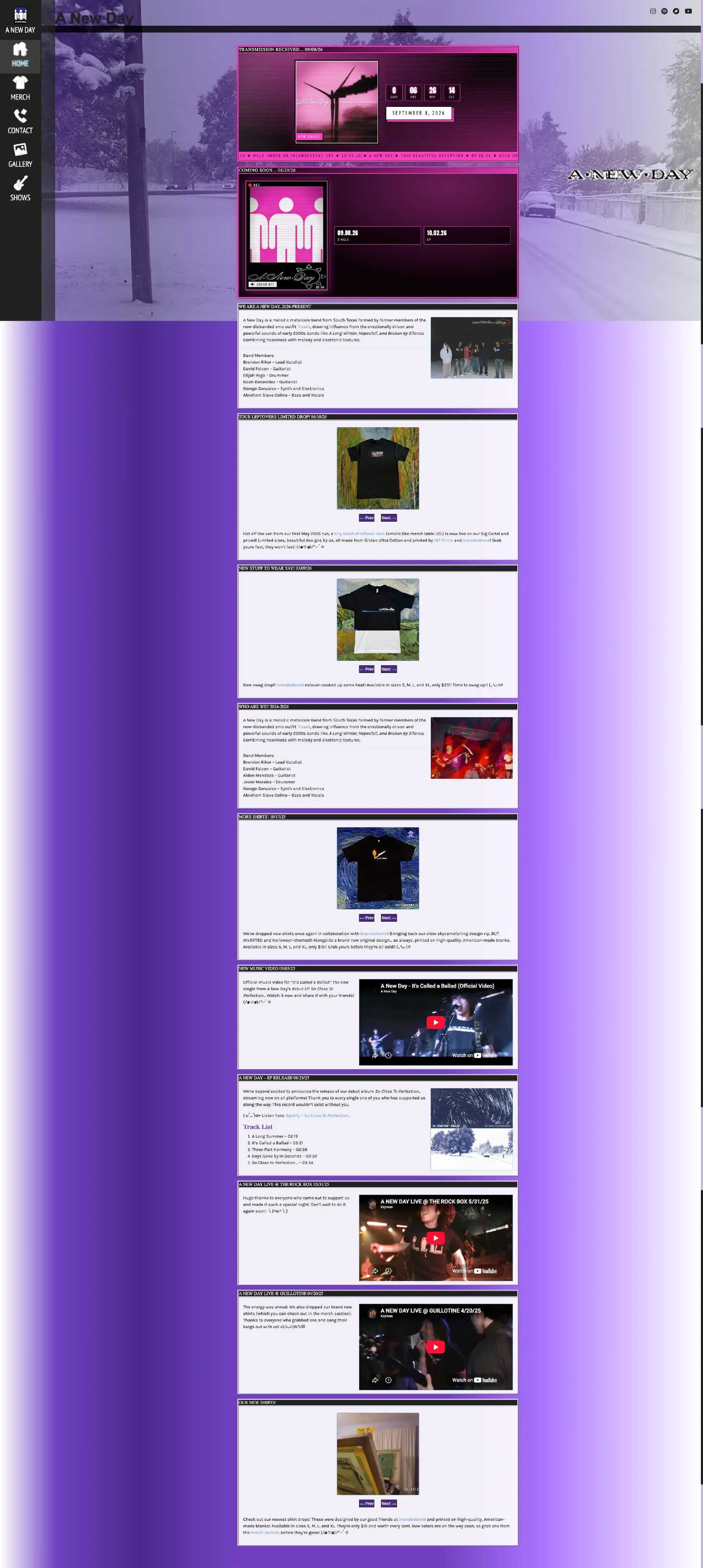 anewdayband.com captured full length, showing the persistent icon sidebar and purple winter backdrop.