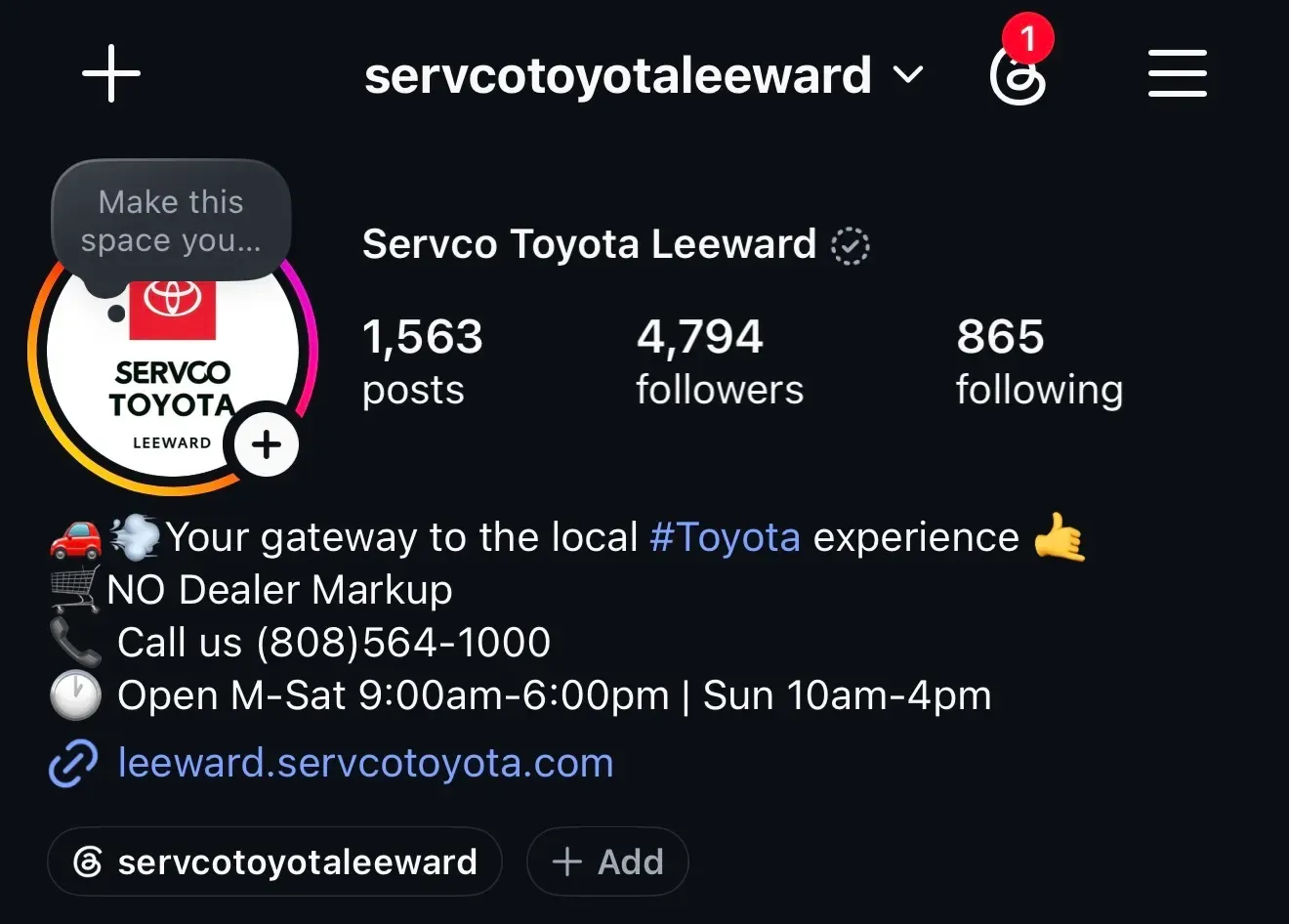 The same profile in September 2026: 4,794 followers, 1,563 posts.