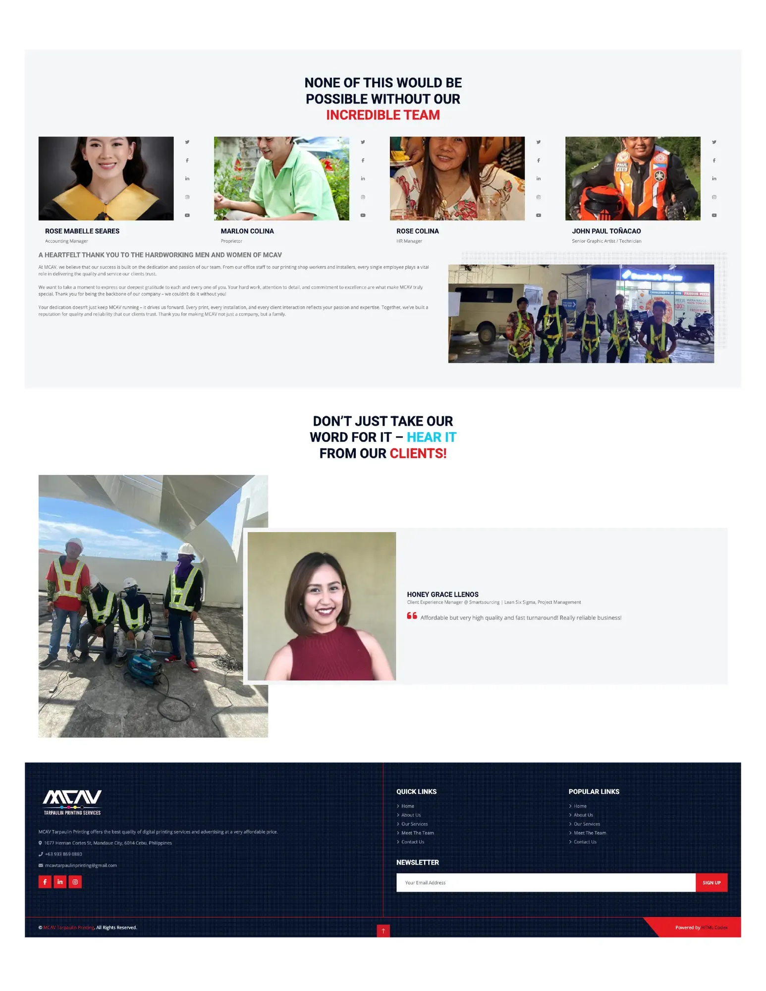 The MCAV Tarpaulin Printing home page, leading with services, hours and the Mandaue City address. (page 3)