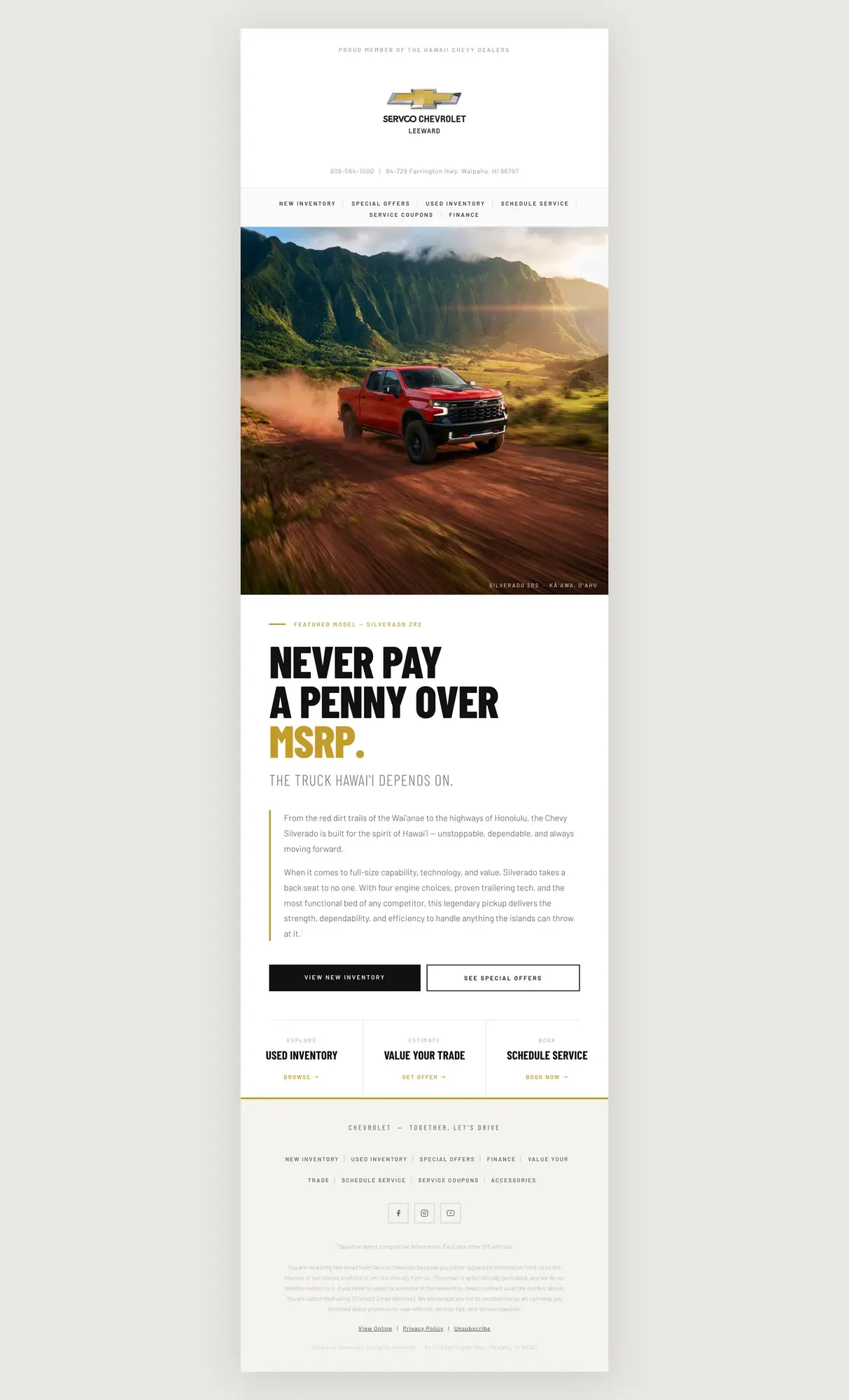 The rebuilt newsletter, carrying the store's own brand and island photography.
