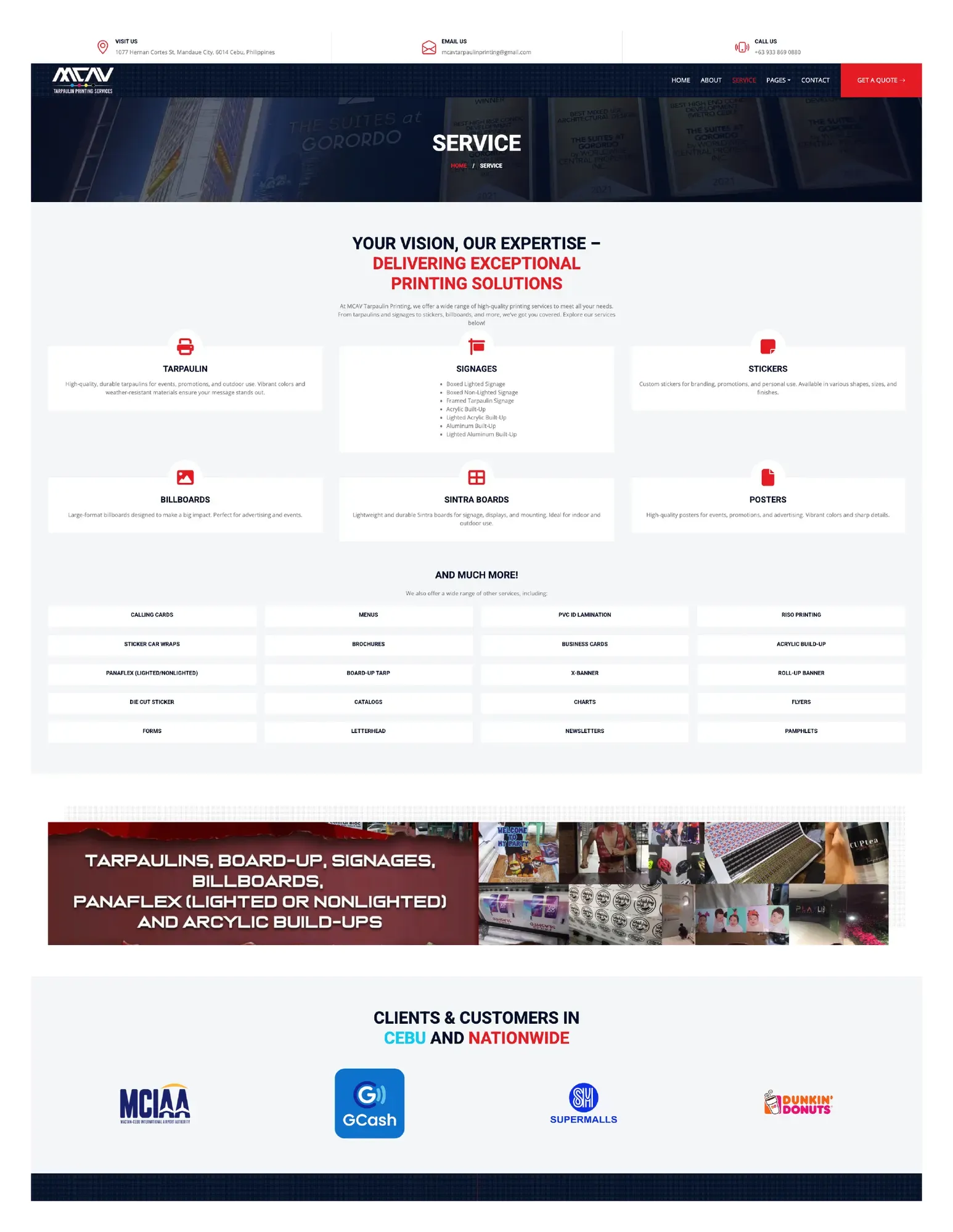 The services page, covering tarpaulins, stickers, acrylic and frosted signage. (page 1)