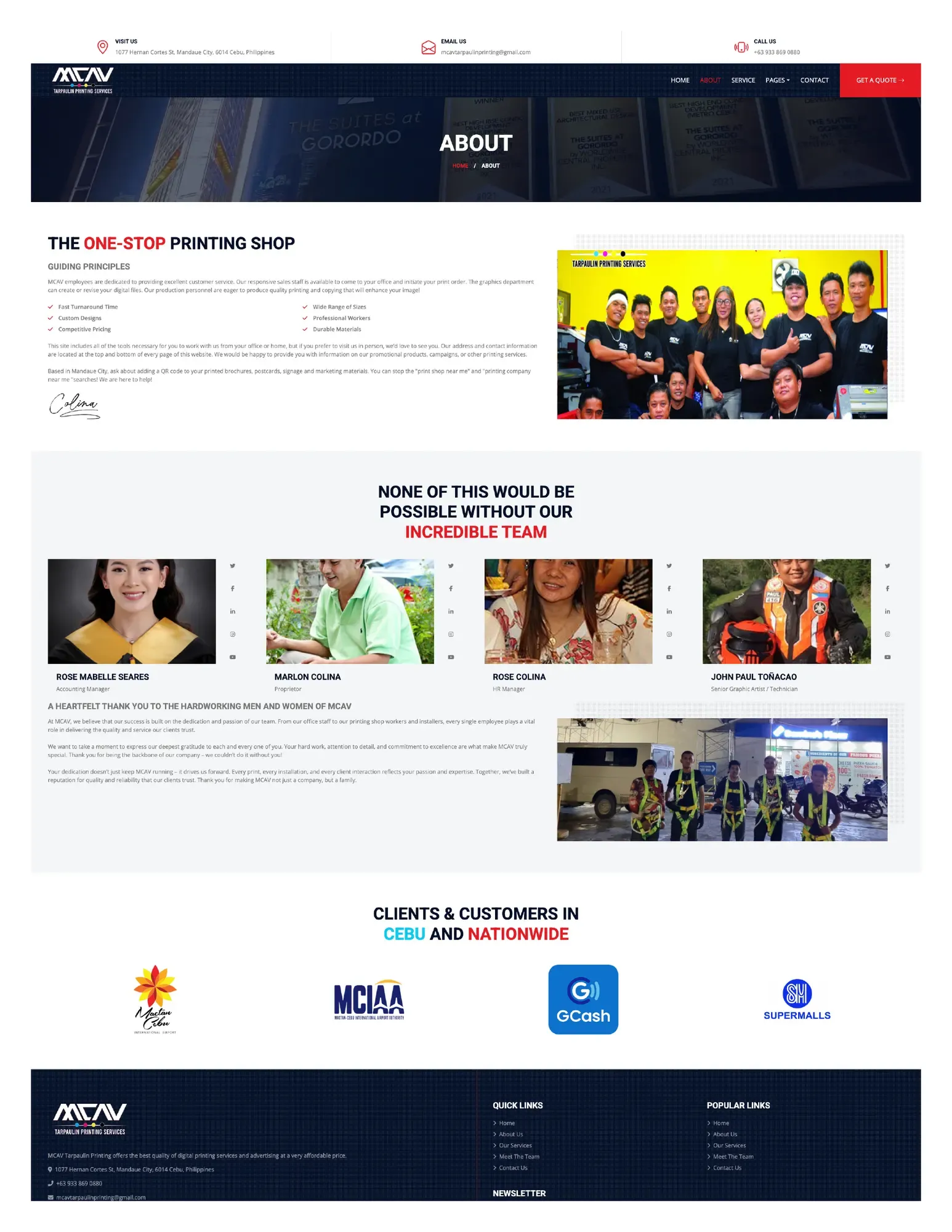 The about page, establishing the shop as a real business with a physical address. (page 1)