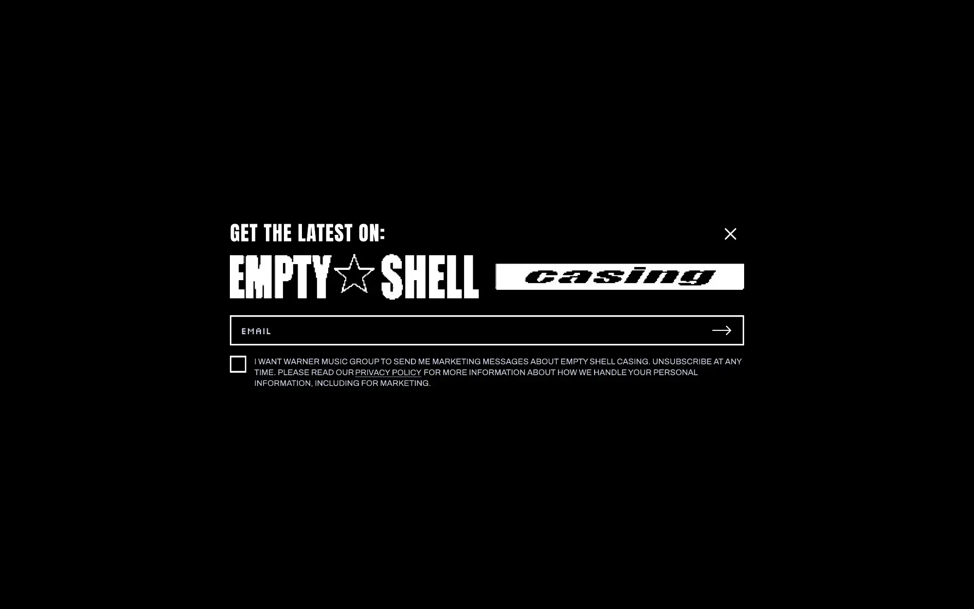 A page from the Empty Shell Casing design handoff: black and white over a tiled brick texture with a hard blue accent. (page 7)