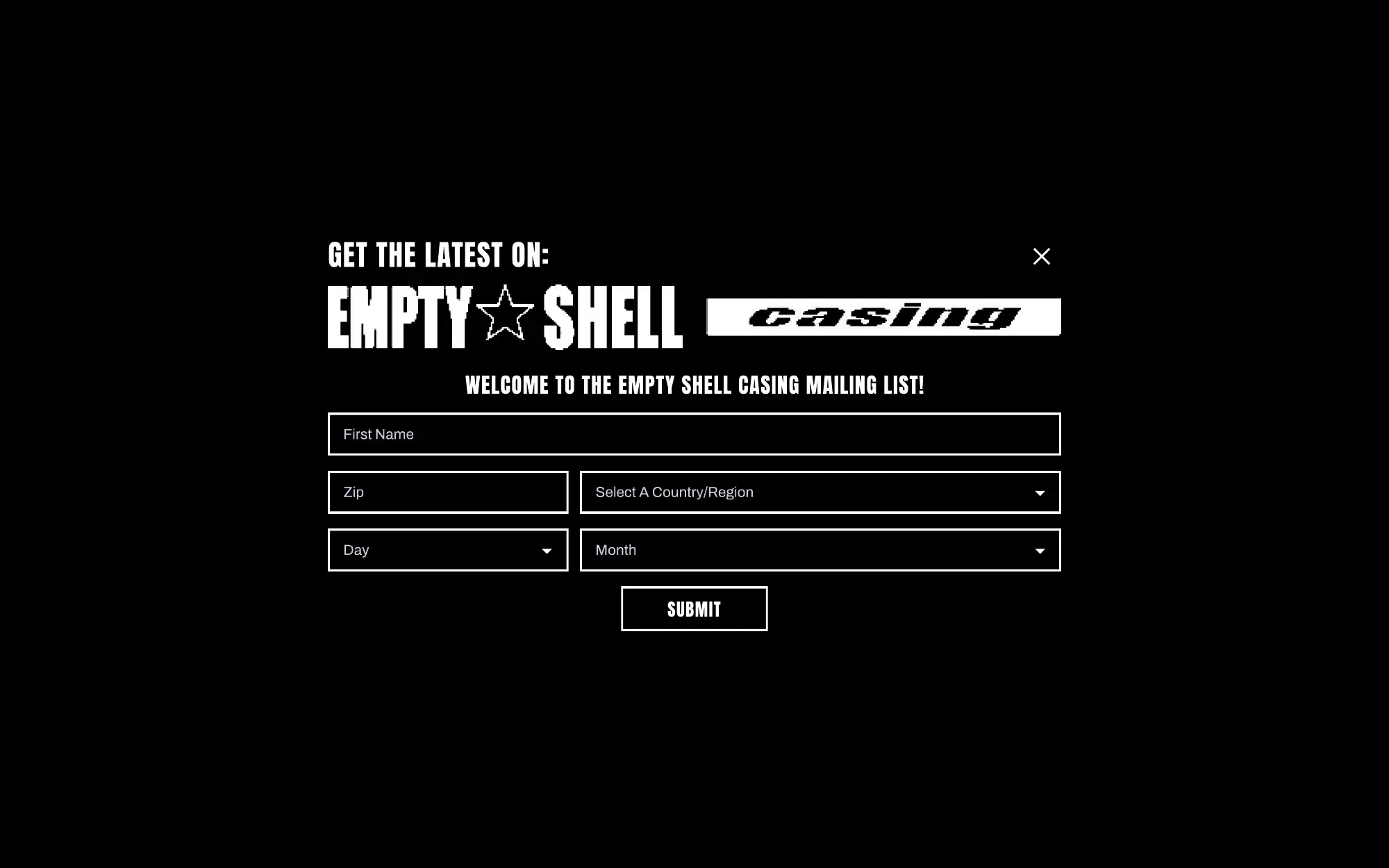 A page from the Empty Shell Casing design handoff: black and white over a tiled brick texture with a hard blue accent. (page 8)