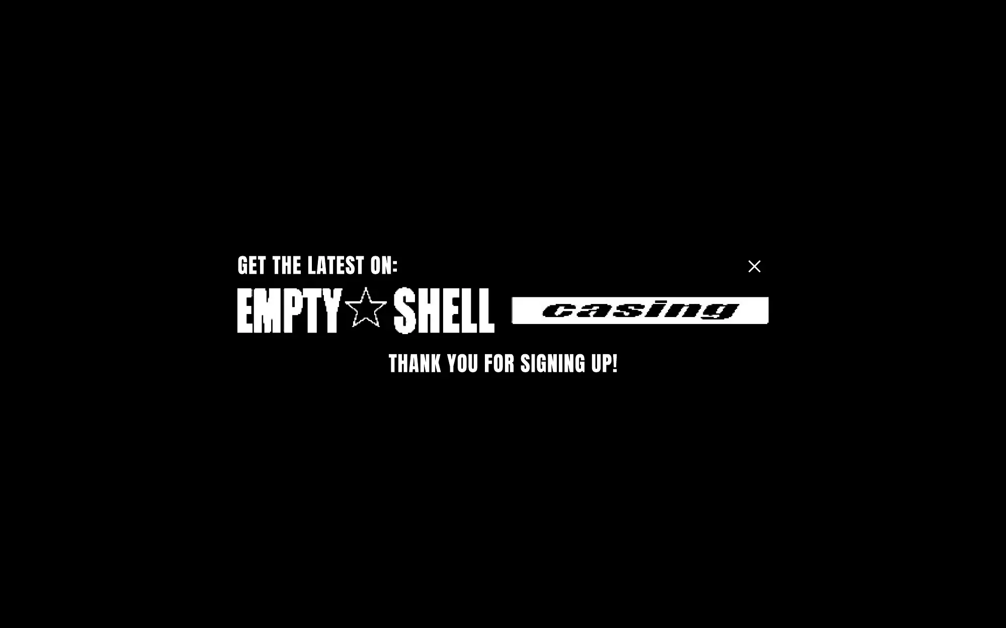 A page from the Empty Shell Casing design handoff: black and white over a tiled brick texture with a hard blue accent. (page 9)