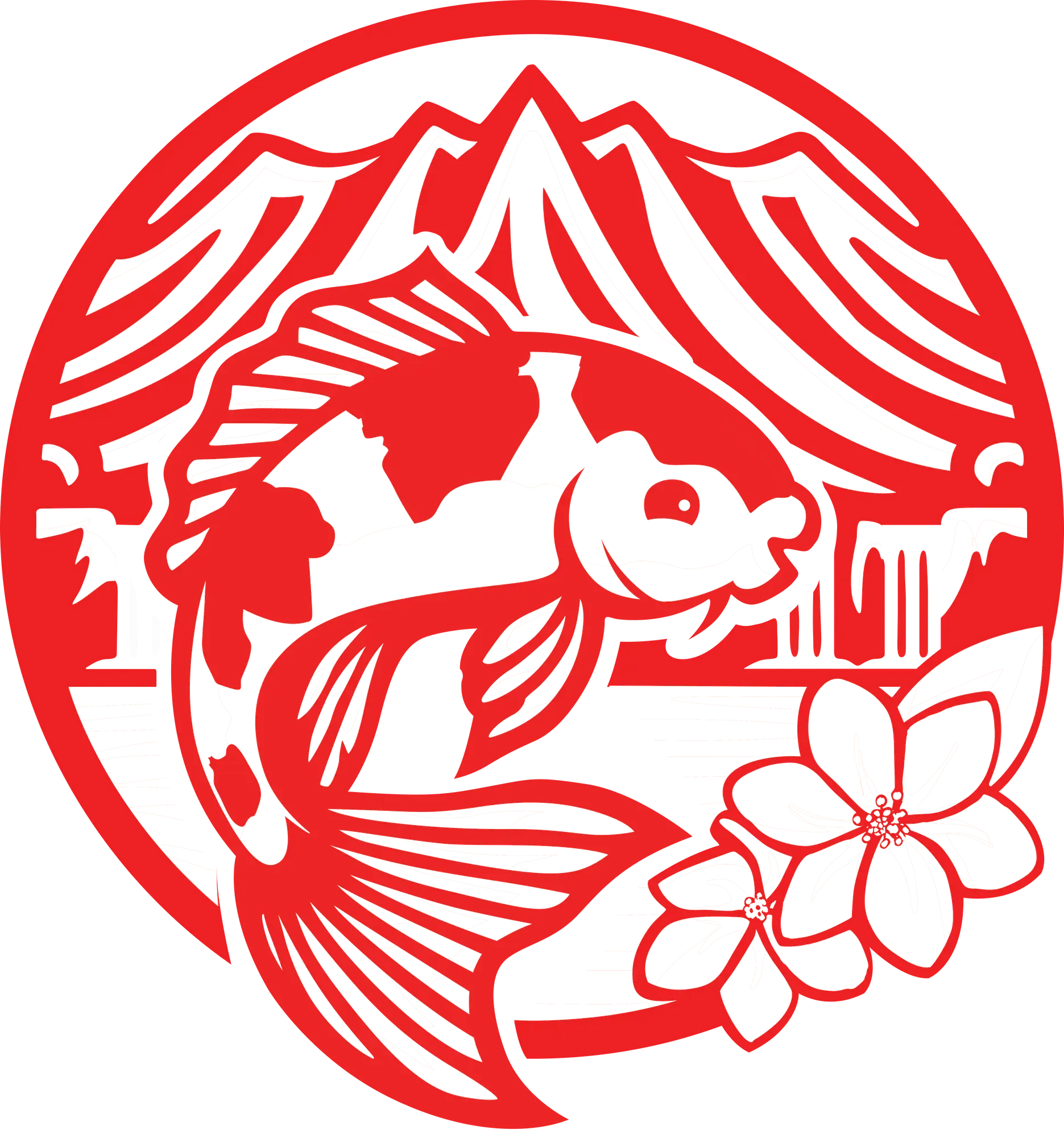 The koi badge in red: a koi mid-turn against the Koʻolau range, framed by hibiscus and palm.